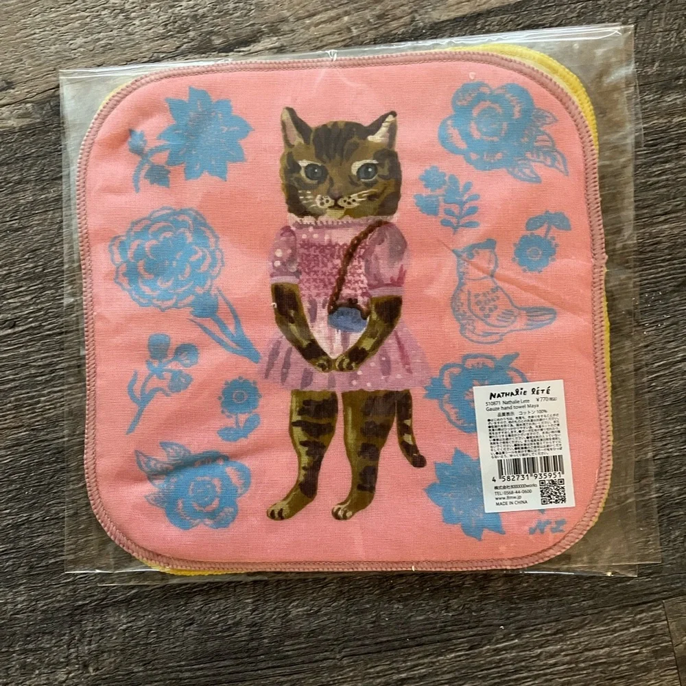 Nathalie Lete! Multi wash cloth mini towel Pink anthropomorphic dressed cat!